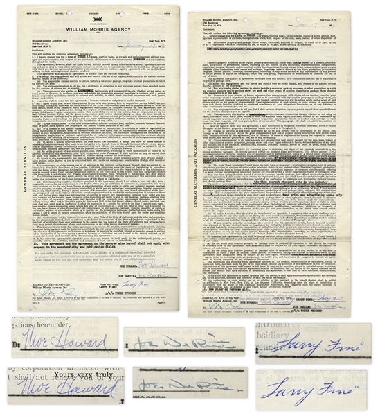 The Three Stooges Contract Twice-Signed by Moe Howard, Larry Fine & Joe DeRita From January 1959 With William Morris Agency -- 2pp. on 1 Sheet Measuring 8.5'' x 15.75'' -- Very Good